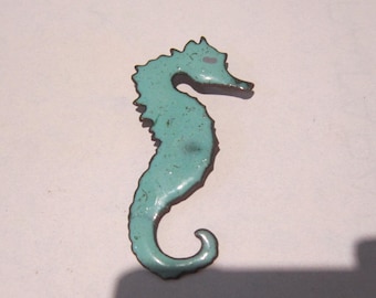 vintage enamel on copper seahorse brooch pin turquoise enamel  2 3/4" long