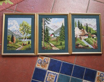 set of 3 needlepoint pictures gold gilt frames lovely 11" by 14"