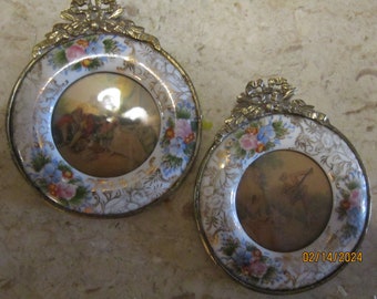 pair of vintage handpainted porcelain and brass frames 5" by 4 1/4" gorgeous frames