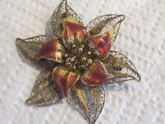 sterling & enamel filagree flower pin 1 3/4" gorg… - image 1