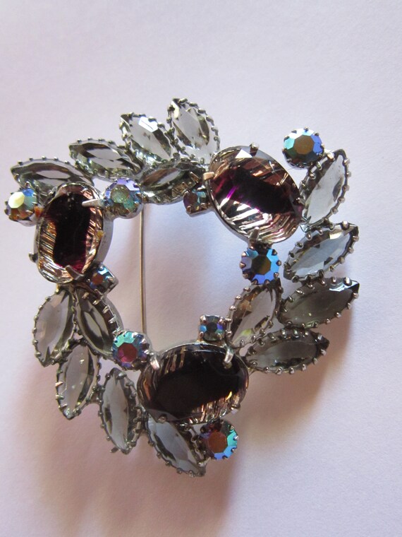 huge vintage rhinestone brooch AB grey and lavend… - image 2