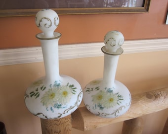 pr frosted milk glass bottles, decanters, handpainted glass with stoppers