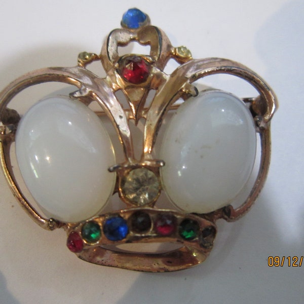 large signed sterling crown brooch large white cabachons 1 3/4"