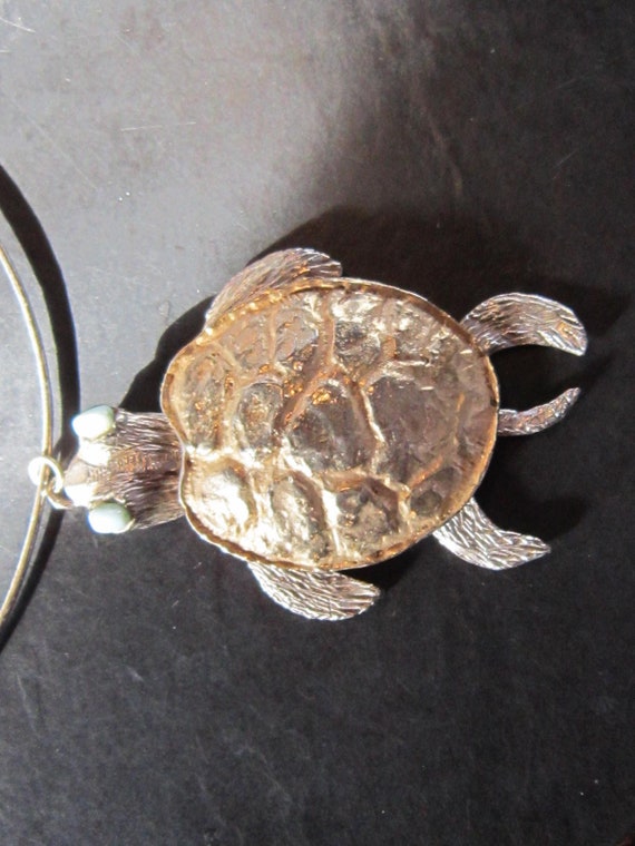 large turtle necklace blue stone eyes 3 3/4" long… - image 1