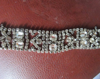 vintage wide rhinestone bracelet large prong set stones 7"