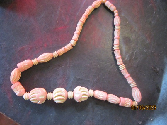 beautiful carved vintage beads pink and ivory col… - image 1