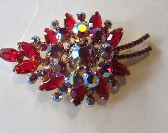 vintage juliana  ruby red rhinestone brooch w/AB stones 3 1/4" by 2"