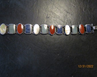 gorgeous sterling link bracelet with various stones 7"