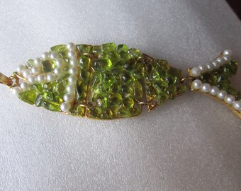 funky fun unusual jointed fish pendant 4" long and 1 1/4" wide pearls and green stones