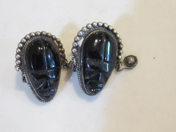 sterling & onyx earrings screw backs lady w/earri… - image 1