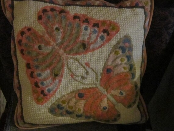 Vintage Needlepoint Pillow Butterflys Gorgeous 14 Square Etsy