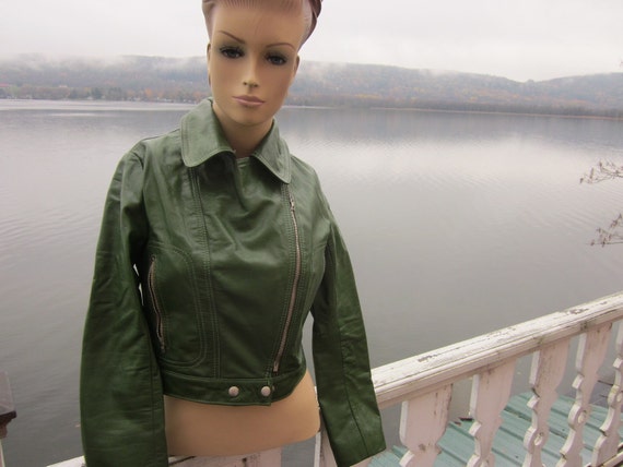 SALE vtg green leather bomber jacket with matchi