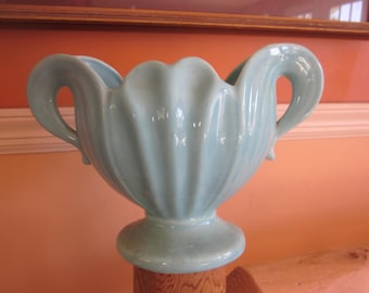 large turquoise planter, two handled, planters,