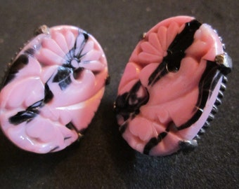 lge glass earrings, screw back, deco, pink and black glass, ground glass