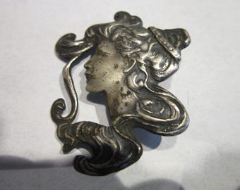 sterling silver art nouveau girl brooch/pendant heavy weight silver 1 3/4" by 1 1/2"