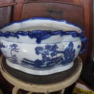 large asian blue white planter jardiniere chinese porcelain 17&quot; by 10&quot; serpent like handles