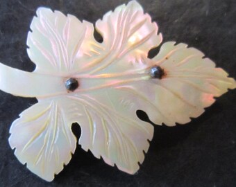 victorian  carved mother of pearl pin brooch leaf pin gorgeous