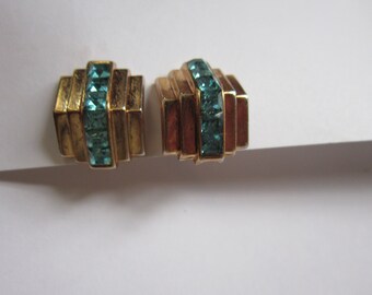 vintage deco rhinestone earrings by coro screw back earrings blue rhinestones lovely 3/4"
