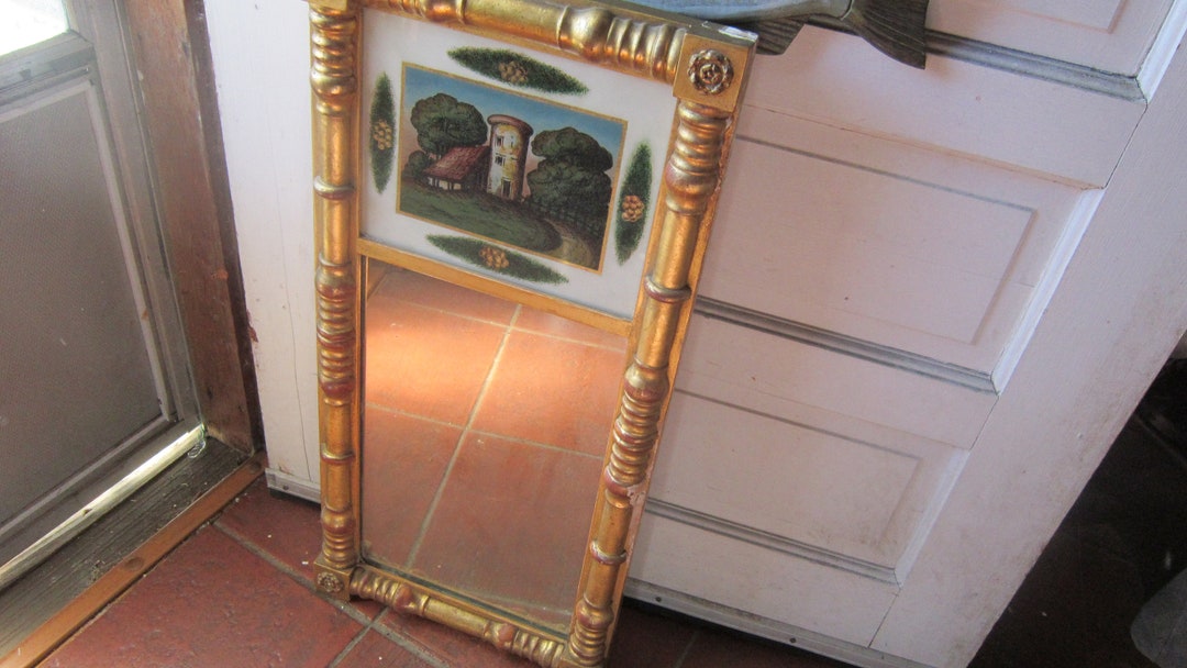Antique Reverse Painting on Glass With Mirror Gold Gilt Frame