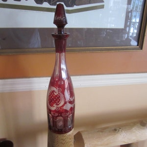 lge ruby cut to clear bohemian decanter, scenic bohemian glass, ruby glass