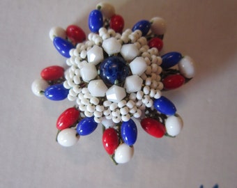 vintage original by Robert red white and blue beaded brooch signed excellent  2" across