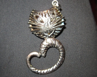 sterling silver modernistic cat pendant 2" long adorable