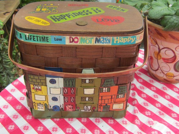 oak splint basket purse handpainted adorable vinta
