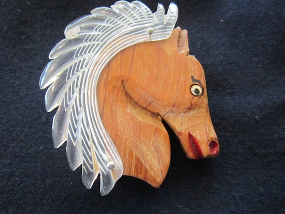 lucite and wood horse pin brooch vintage lucite pi