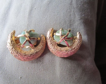BSK clip on earrings prong set jade goldtone earrings 1"