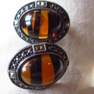 pair of J&J sterling marcasite  pierced earrings amber black colored stones 1&quot; gorgeous