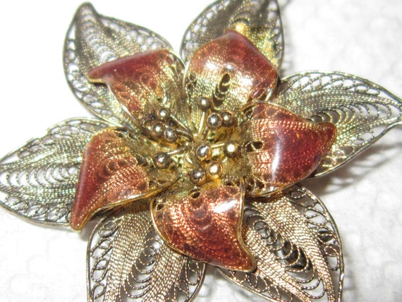 sterling & enamel filagree flower pin 1 3/4" gorg… - image 4