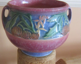 pink baneda roseville pottery bowl double handled excellent