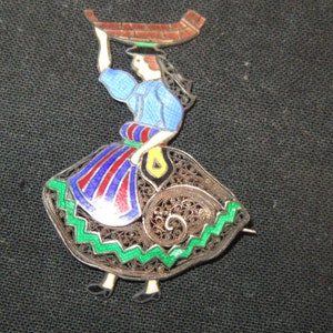 enamel on sterling topazio brooch lady w/basket gorgeous detail