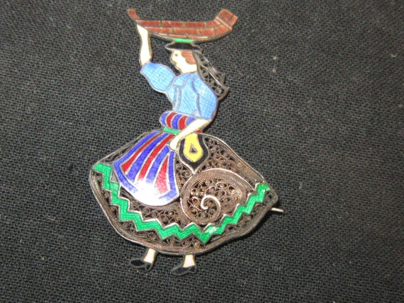 enamel on sterling topazio brooch lady w/basket g… - image 1