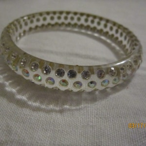 vintage clear lucite and rhinestone bangle AB center stones bangle bracelet