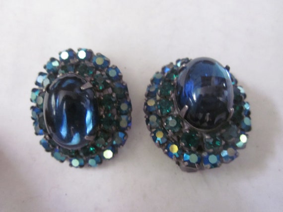 vtg rhinestone  earrings, gorgeous , blue/green a… - image 3