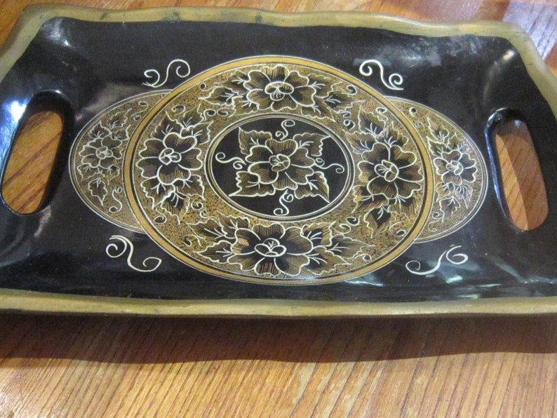 handpainted wood tray cutout handles gold gilt lovely 11 12 by 7 12