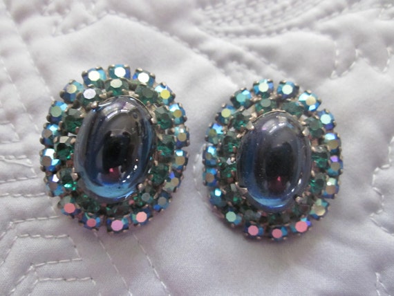 vtg rhinestone  earrings, gorgeous , blue/green a… - image 1