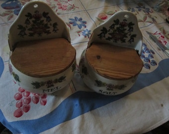 pair of vintage aksini salt & flour boxes wood lid to hang made in denmark