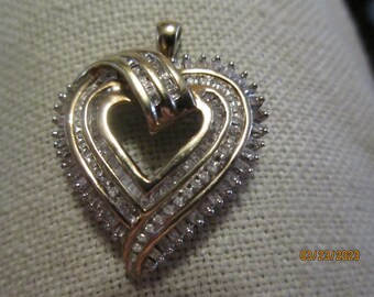 gorgeous sterling silver & rhinestone heart pendant 1 1/4" by 1" great sparkle