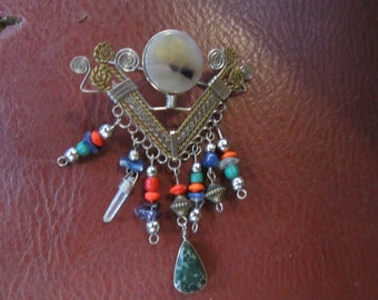 ethnic pin stones beads crystal twisted wire very cool pin 2 1/4" by 3 1/8"long