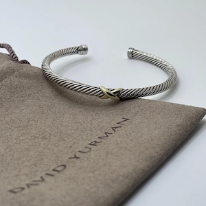 David Yurman Sterling Silver & 18k Gold X Station 4mm Cuff Bangle Bracelet