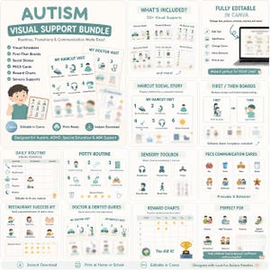 May include: A visual support bundle for autism, ADHD, and special education. Includes visual schedules, first-then boards, social stories, PECS cards, reward charts, and sensory supports. Designed to help children feel prepared, confident, and successful.