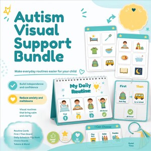 May include: An Autism Visual Support Bundle featuring a daily routine flip chart, First/Then boards, routine cards, and choice boards. The set includes teal and white instructional materials with illustrations of daily tasks, school items, and activities.