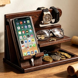 Op de afbeelding: Een donkerbruin houten dockingstation met een verticale gleuf voor een smartphone inclusief oplaadkabel, een bovenste balk voor een horloge en fitnesstracker, een plankje voor een bril en een bakje voor munten en kleine voorwerpen.