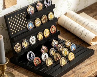 Gepersonaliseerde houten uitdaging muntenrek, aangepaste munthouder Amerikaanse vlag, cadeau militaire veteraan