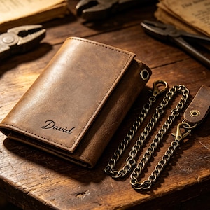 May include: A brown leather trifold wallet featuring the name David embossed on the front cover. The wallet includes a metal grommet on the side and a detachable antique brass-toned metal chain with a leather tab and lobster clasp attachment.