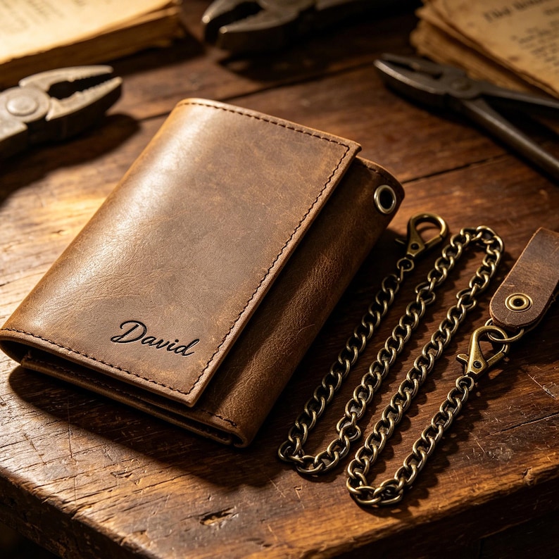 May include: A brown leather trifold wallet featuring the name David embossed on the front cover. The wallet includes a metal grommet on the side and a detachable antique brass-toned metal chain with a leather tab and lobster clasp attachment.