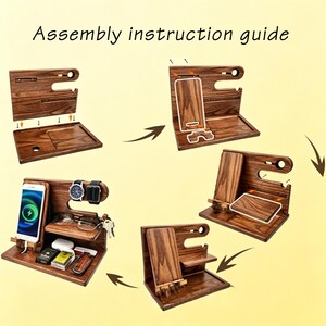 K&ouml;nnte beinhalten: Eine Montageanleitung f&uuml;r eine dunkelbraune h&ouml;lzerne Ladestation. Das Bild zeigt mehrere Schritte zum Zusammenbau des Organizers, der F&auml;cher f&uuml;r ein Smartphone, eine Uhr, eine Brille und kleine Accessoires auf einer flachen Basis bietet.