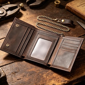May include: A dark brown leather trifold wallet featuring multiple card slots, a central clear ID window, and two brass snap button closures. A detachable gold-toned metal chain with a leather belt loop attachment is included with the wallet.